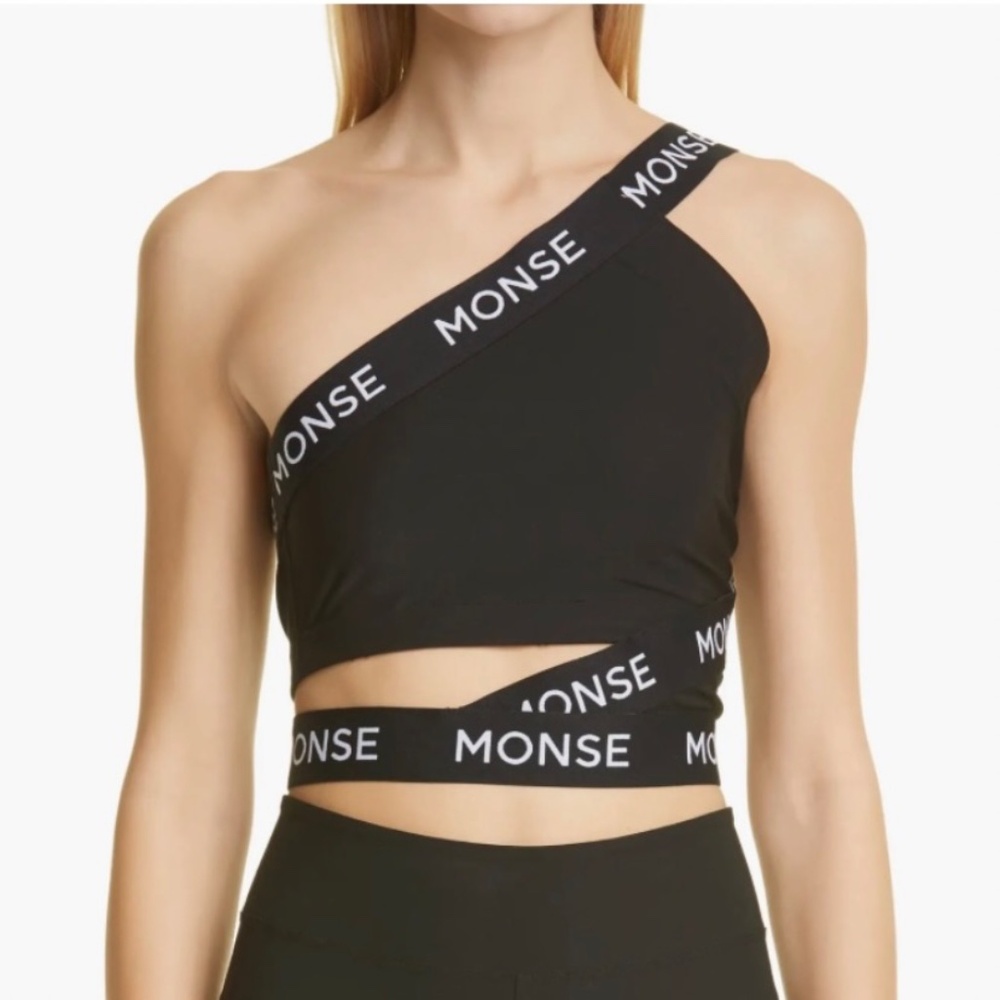 Monse Black & White One-Shoulder Zigzag Logo Crop Top Sz M